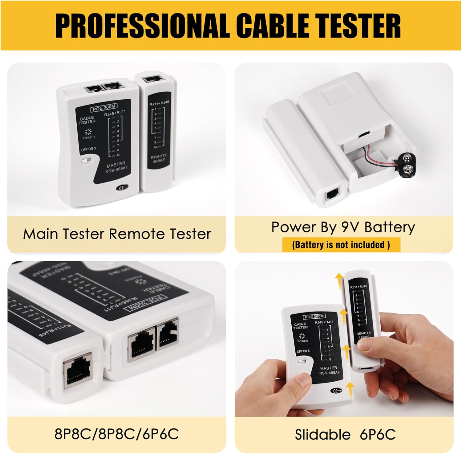 Yellow Wakhow RJ45 Crimp Tool Kit, Ethernet Pass Through Crimper, Network Cat5 Cat6 Cat7 Crimping Tool Repair Kit Includes Cable Tester, Mini Stripper, Blades, 50Pcs Connectors and Strain Relief Boots